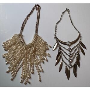 Lot of 2 Large Vintage Statement Necklaces Unstamped Pearl/Metal